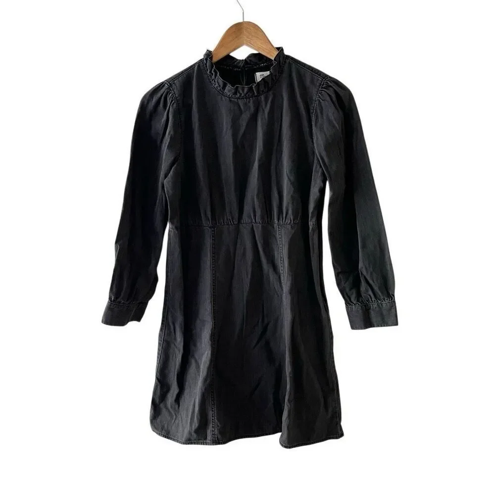Madewell black mock neck ruffled mini long sleeve cotton dress size 4 academia b - Picture 2 of 8